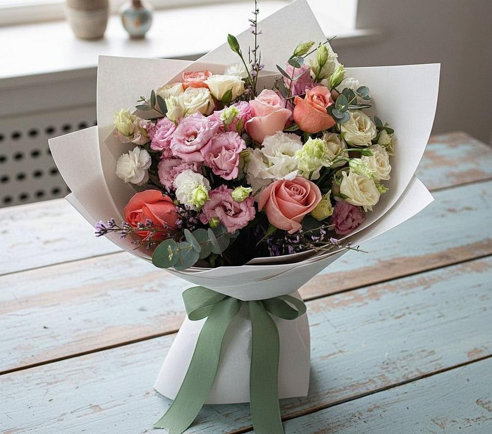 Букет цветов из: Розы, Лизиантусы и Гвоздики в Южном