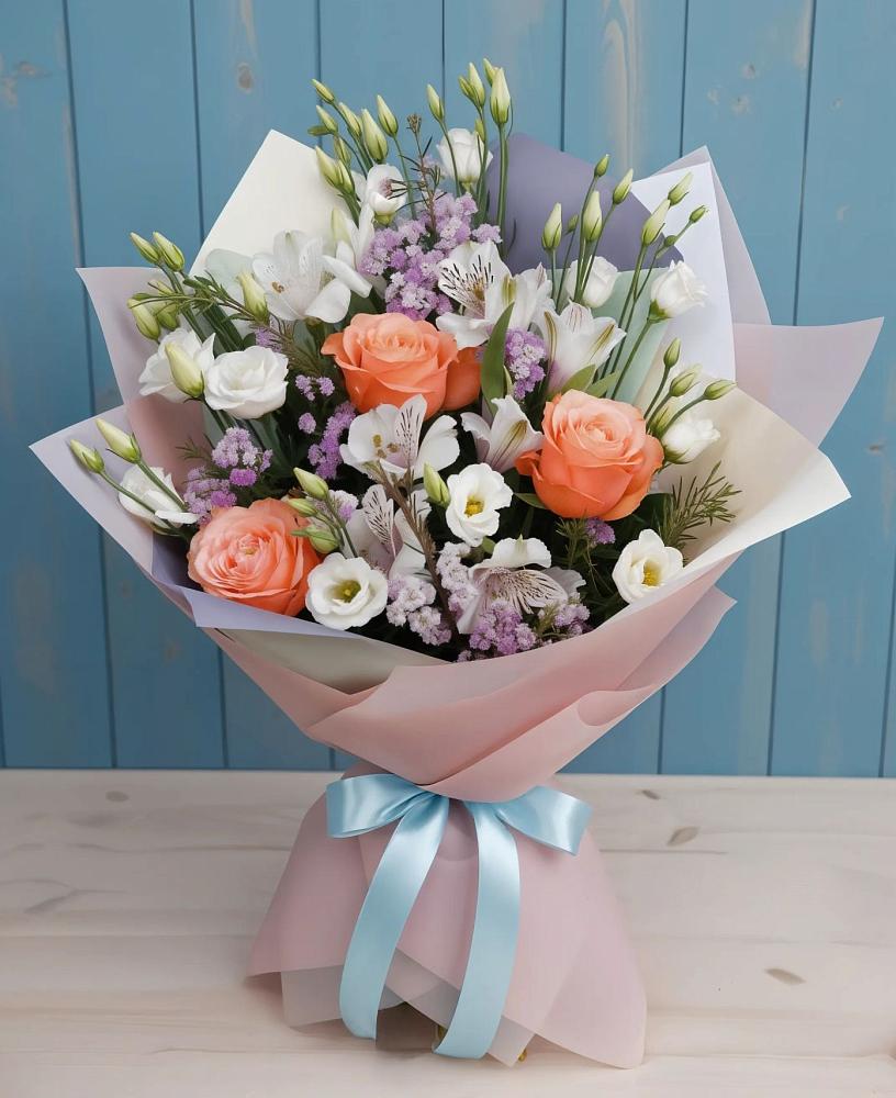 Букет цветов из: Лизиантусы, Розы, Альстромерии и Гипсофила в Южном